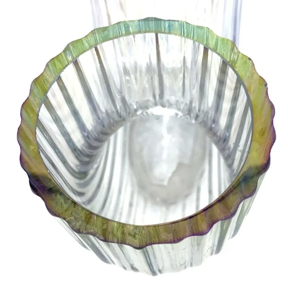 IKEA Raffelbjork Iridescent Glass Vase 4¾” J Shape Ribbed Mother-of-Pearl